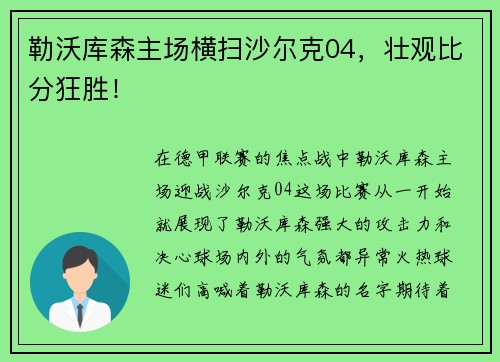 勒沃库森主场横扫沙尔克04，壮观比分狂胜！